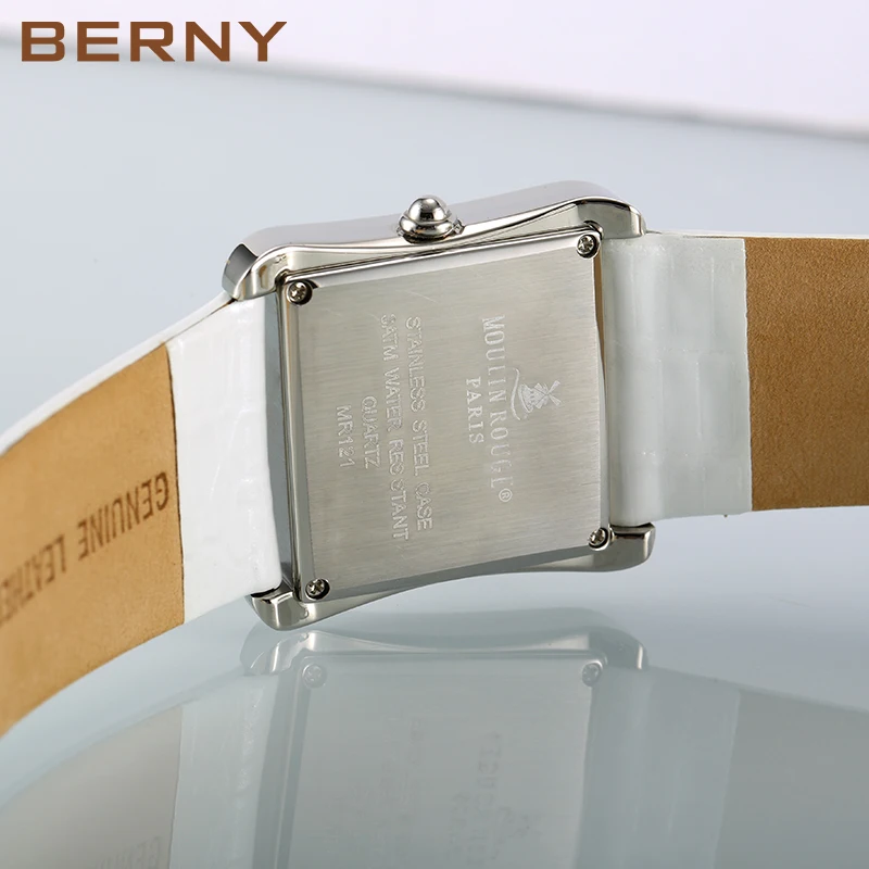 BERNY Genuine Leather Strap Square Women Quartz Watch Ladies Wristwatch Waterproof Gemstone Dial Shell Pattern