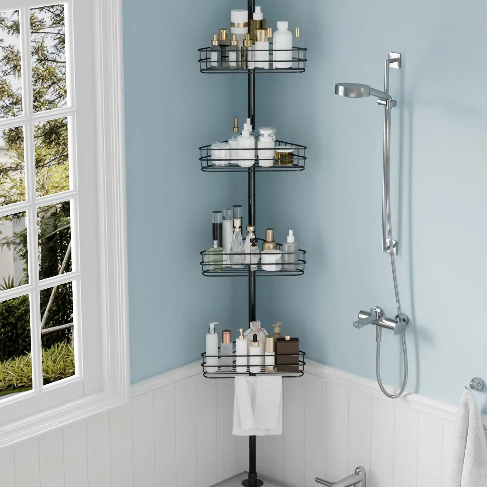 Corner Shower Caddy Tension Pole, 76-110 Inch Adjustable 4-Tier Rustproof Bathroom Organizer with Towel Bars, Space-Saving Shower Shelves for Bathroom Storage, Silver