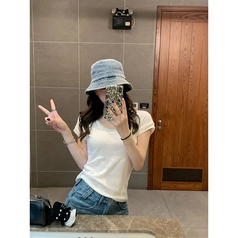 

Мягкая шерстистая футболка с коротким рукавом и широким круглым вырезом, свободного кроя, стройнящая, женская, повседневная, летняя, модная, топ