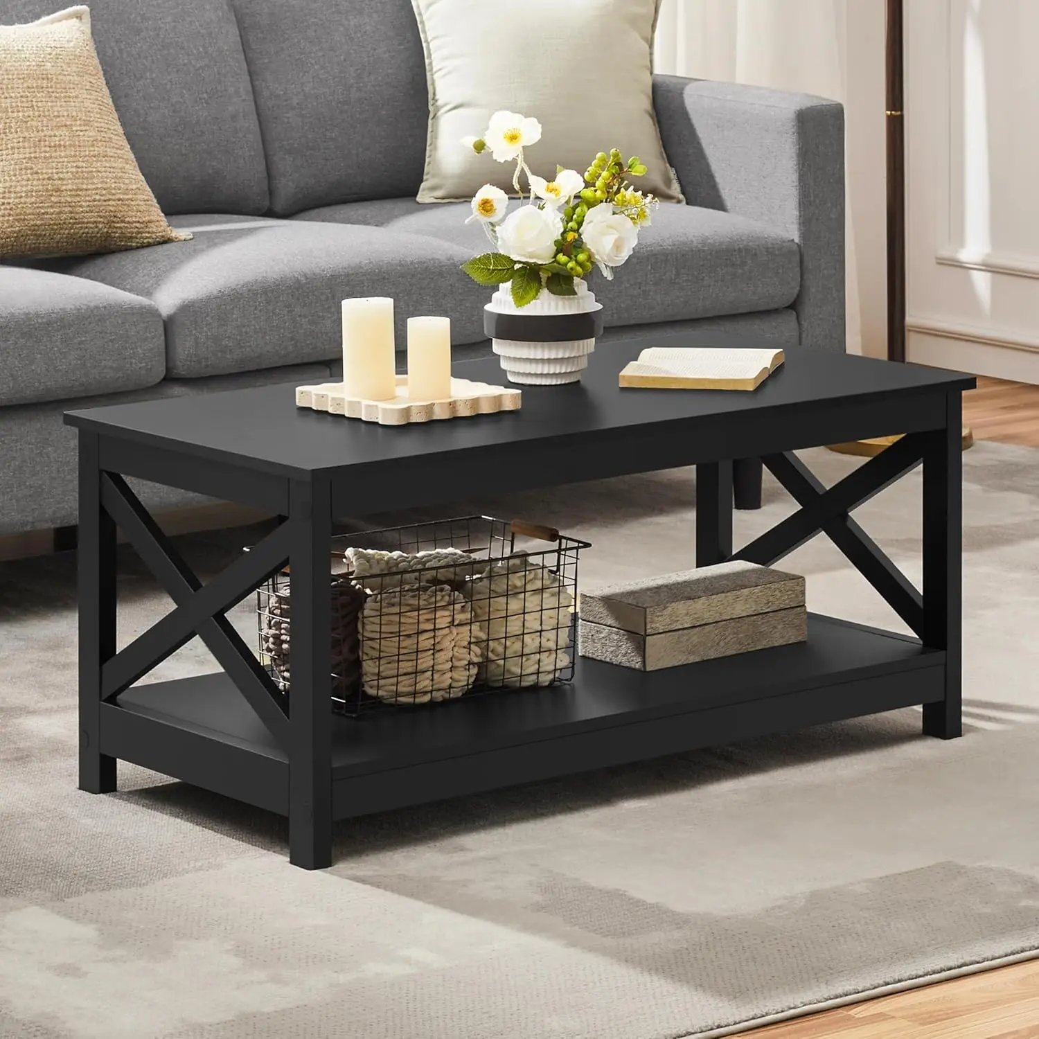 2-stöckiger schwarzer Couchtisch aus Holz mit Ablagefach für das Wohnzimmer, Cocktailtisch mit X-Design-Akzent, einfache Montage, individuell gestaltet