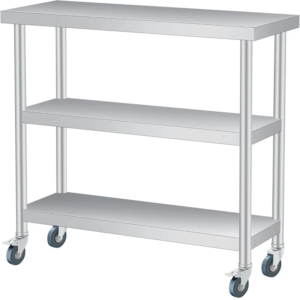 Stainless Steel Work Table with Lockable Casters 18 x 36 in 3 Tier Commercial Kitchen Prep Table Metal Utility Table