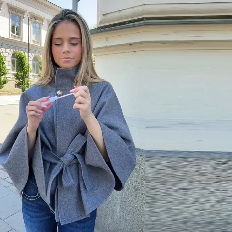 

Long Sleeve Button Lace Up Cardigan 2025 Autumn Winter Loose Women's Coat Elegant High Neck Cloak Jackets For Women Casual Solid