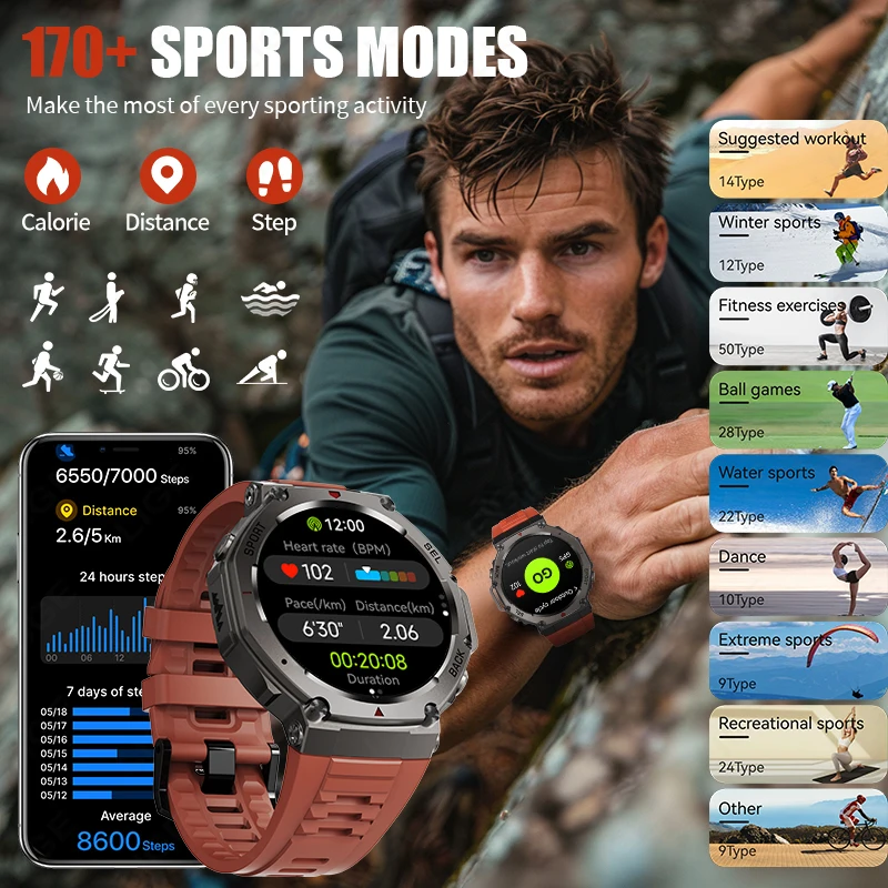 LIGE New T-Rex 3 GPS Smart Watch 5ATM Waterproof Built-in Dual-band Compass Barometric Altimeter Bluetooth Call  Smartwatch Men