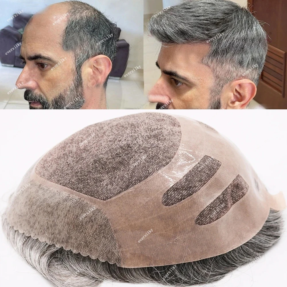 1B80 1B65 Grey Bond Mono & Pu Front And NPU Male Wig Breathable Hair Prosthesis 100% Natural Hair Toupee For Men Exhuast System