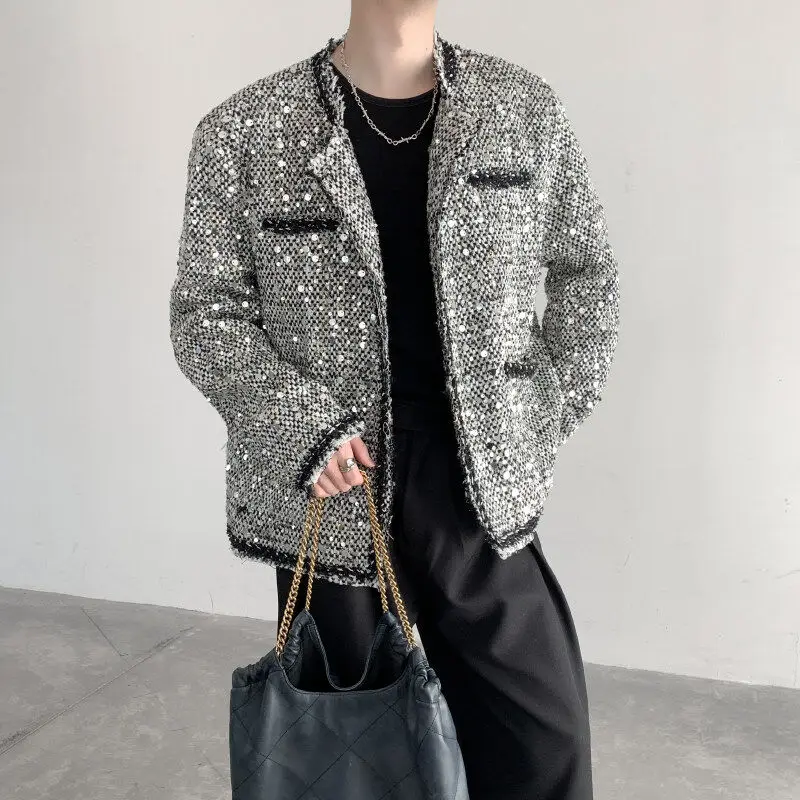 

Новый весенний костюм с воротником-стойкой, мужской костюм для клуба, сценический костюм с блестками, верхняя одежда, повседневная свободная посадка