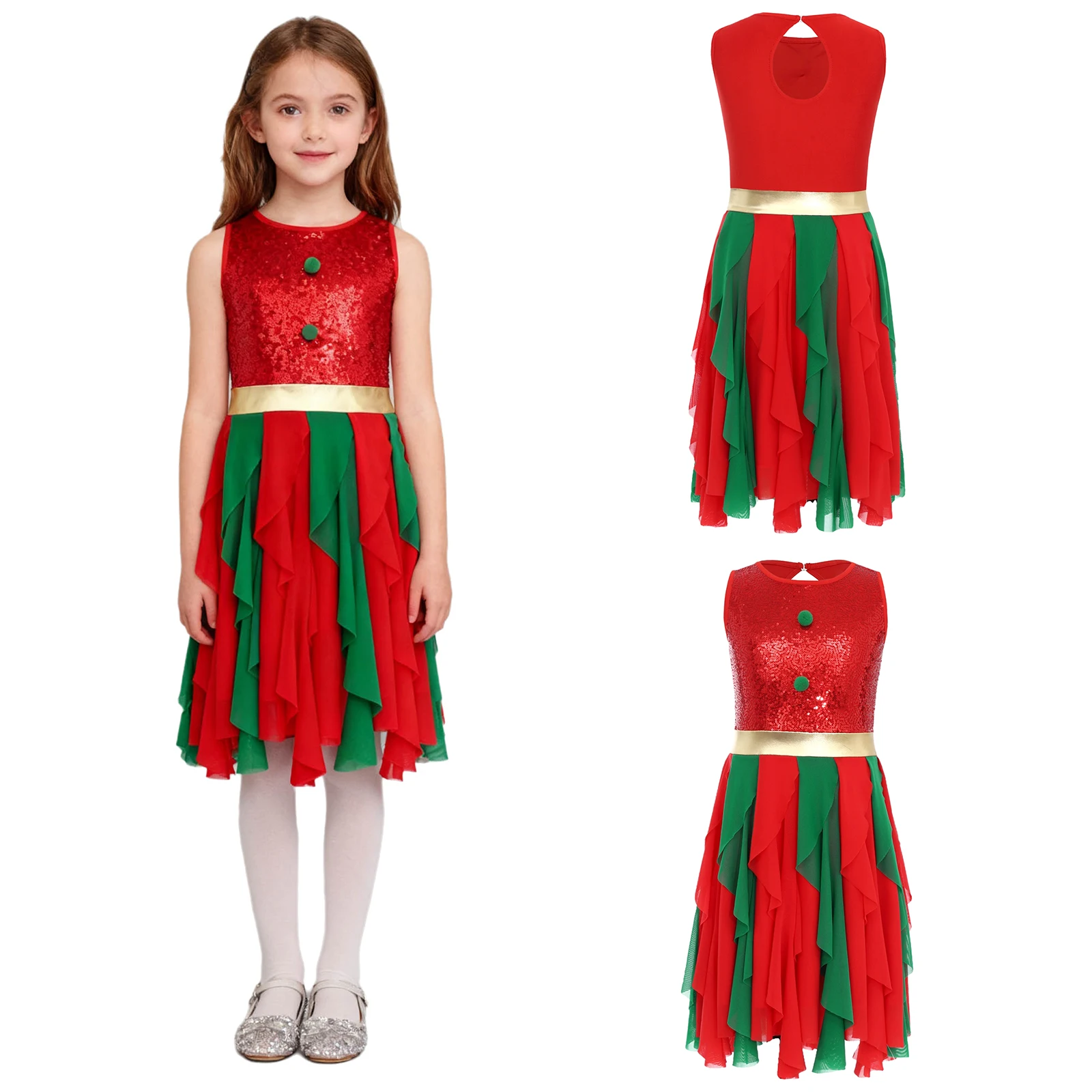 Girls Christmas Dress Sleeveless Sparkly Sequin Pompom Decor Tulle Dress Princess Holiday Festival Birthday Party Prom Costume view 2