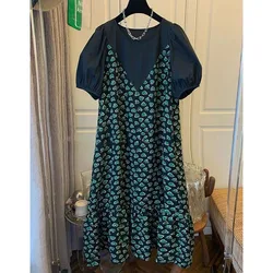 Vestido holgado de dos piezas con estampado para mujer, ropa informal coreana, cuello redondo, Vintage, Verano