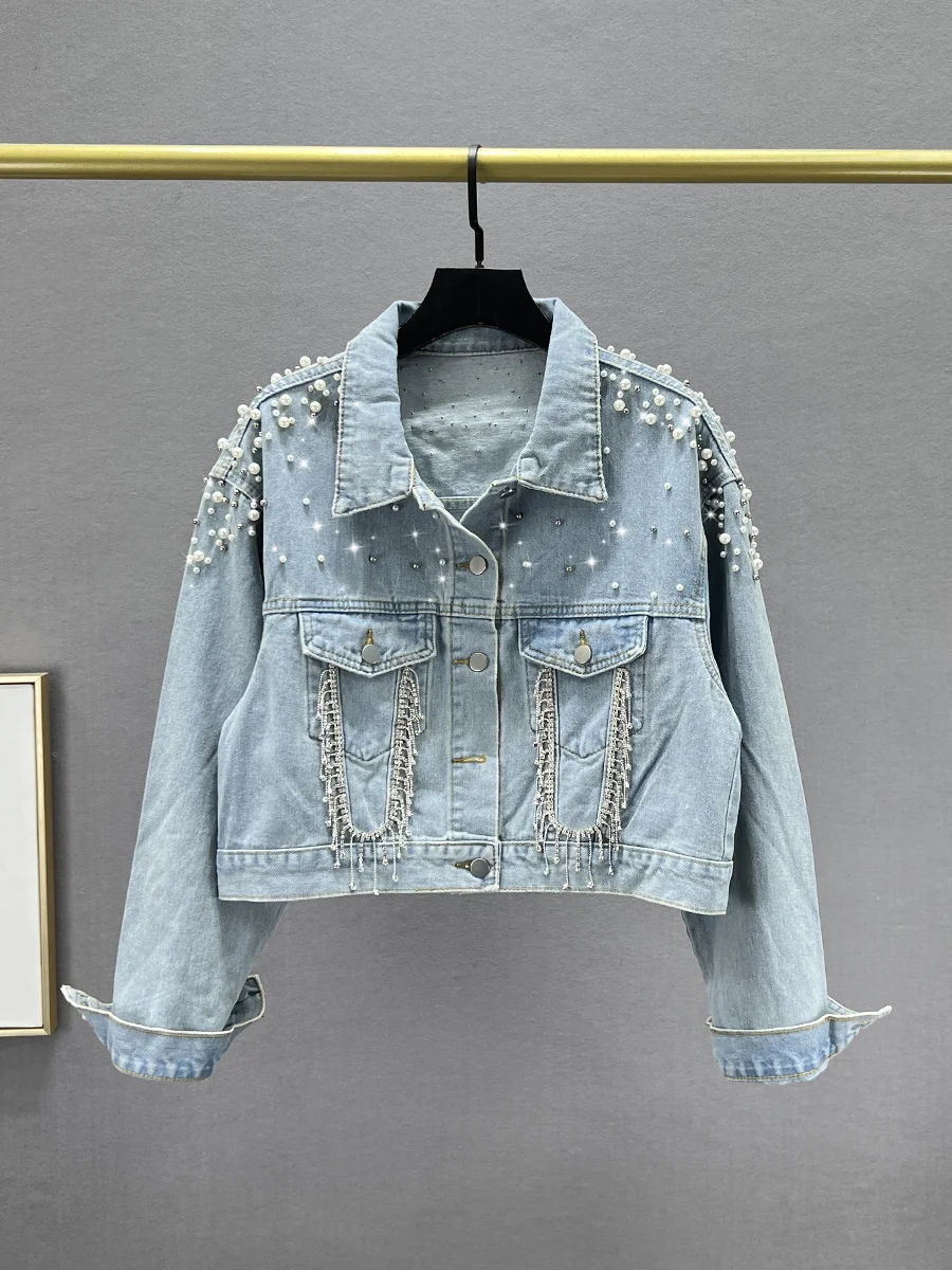 

Women's Slim Fit Denim Jacket 2024 Spring New Style Heavy Embellishment Tassel Pearl Cotton Polyester Blend Short Coat