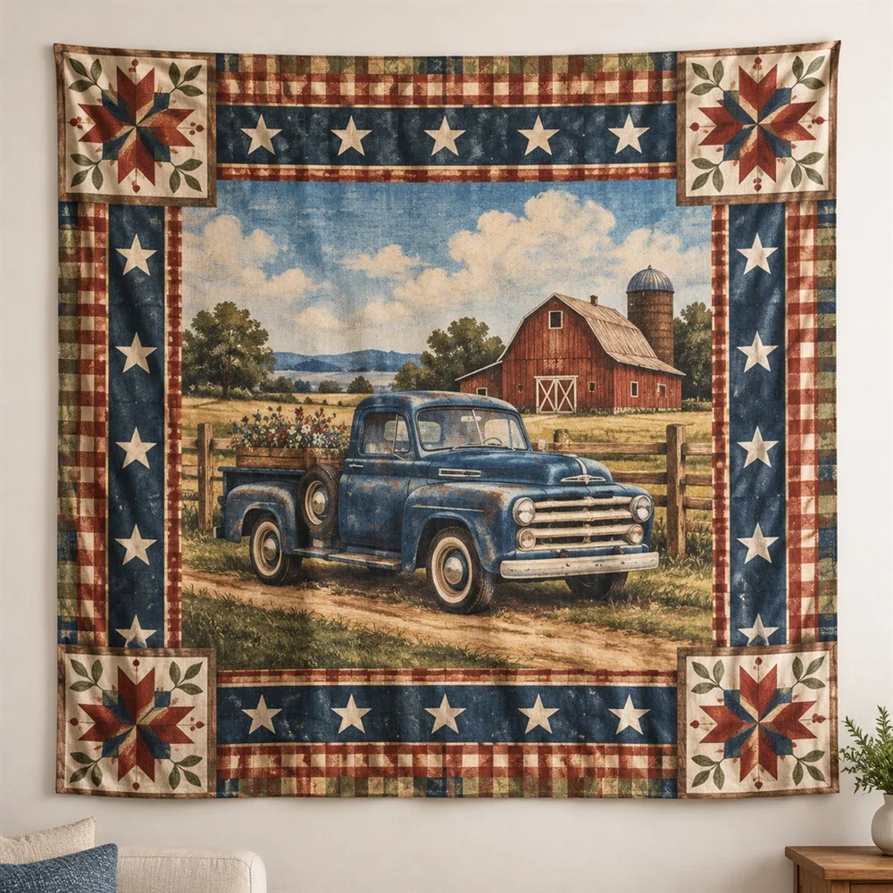 VIKAMA Vintage Pickup Truck Corner Motif Tapestry Wall Hanging, American Wall Decor Tapestries for Bedroom Nursery Kids Room