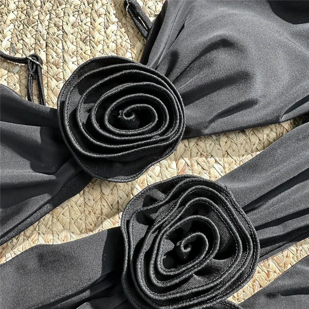 Sexy Black Hollow Out Swimsuit Women One Piece Swimwear 2026 3D Flower Bandeau Monokini Swimming Bathing Suit Wear Beachwear