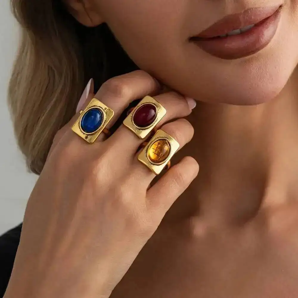 SHIXIN 3Pcs/Set Vintage Colorful Resin Open Rings Women Punk Gold Color Geometric Metal Square Finger Ring Couple Jewelry Gift