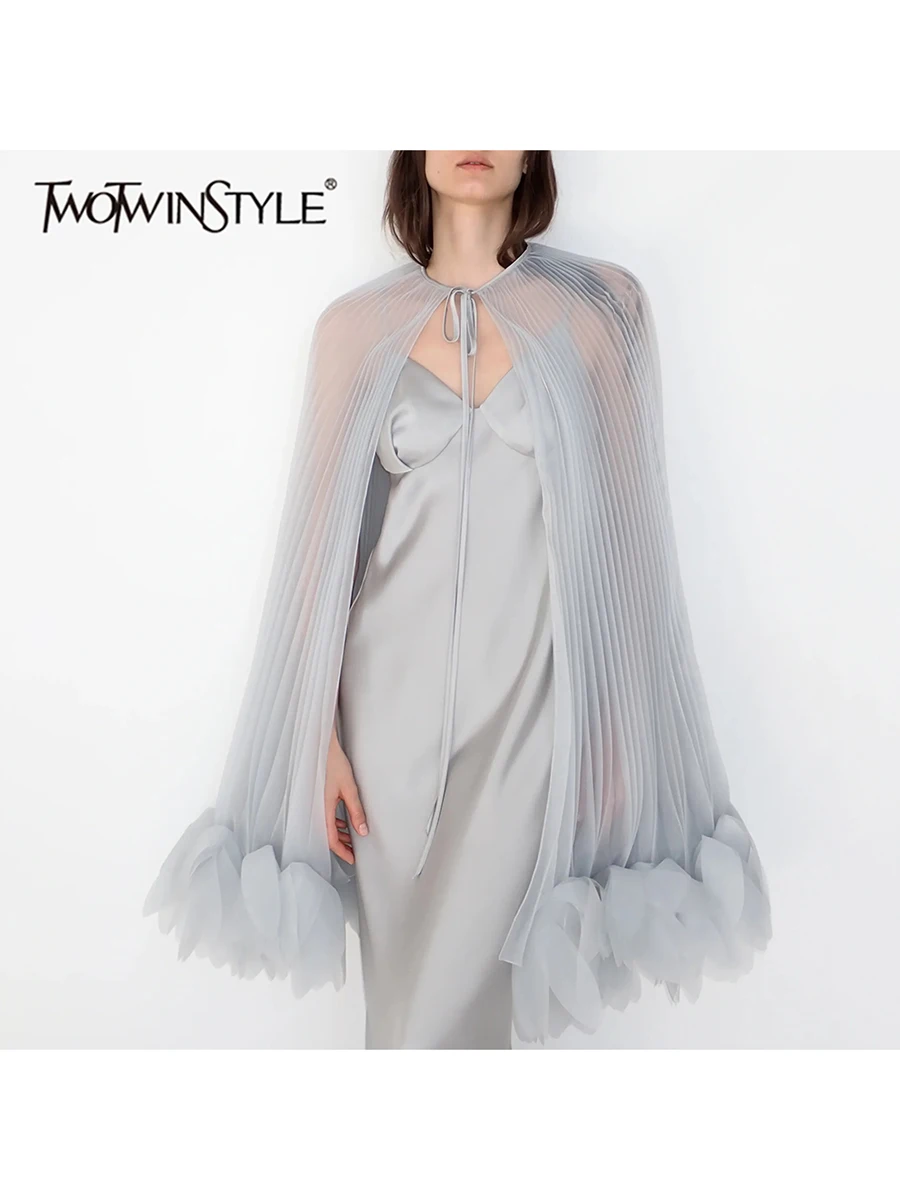 TWOTWINSTYLE Pleated Spliced 3D Flower Loose Blouse for Women Round Collar Long Cape Sleeve Patchwork Lace Up Sheer Shawl Female