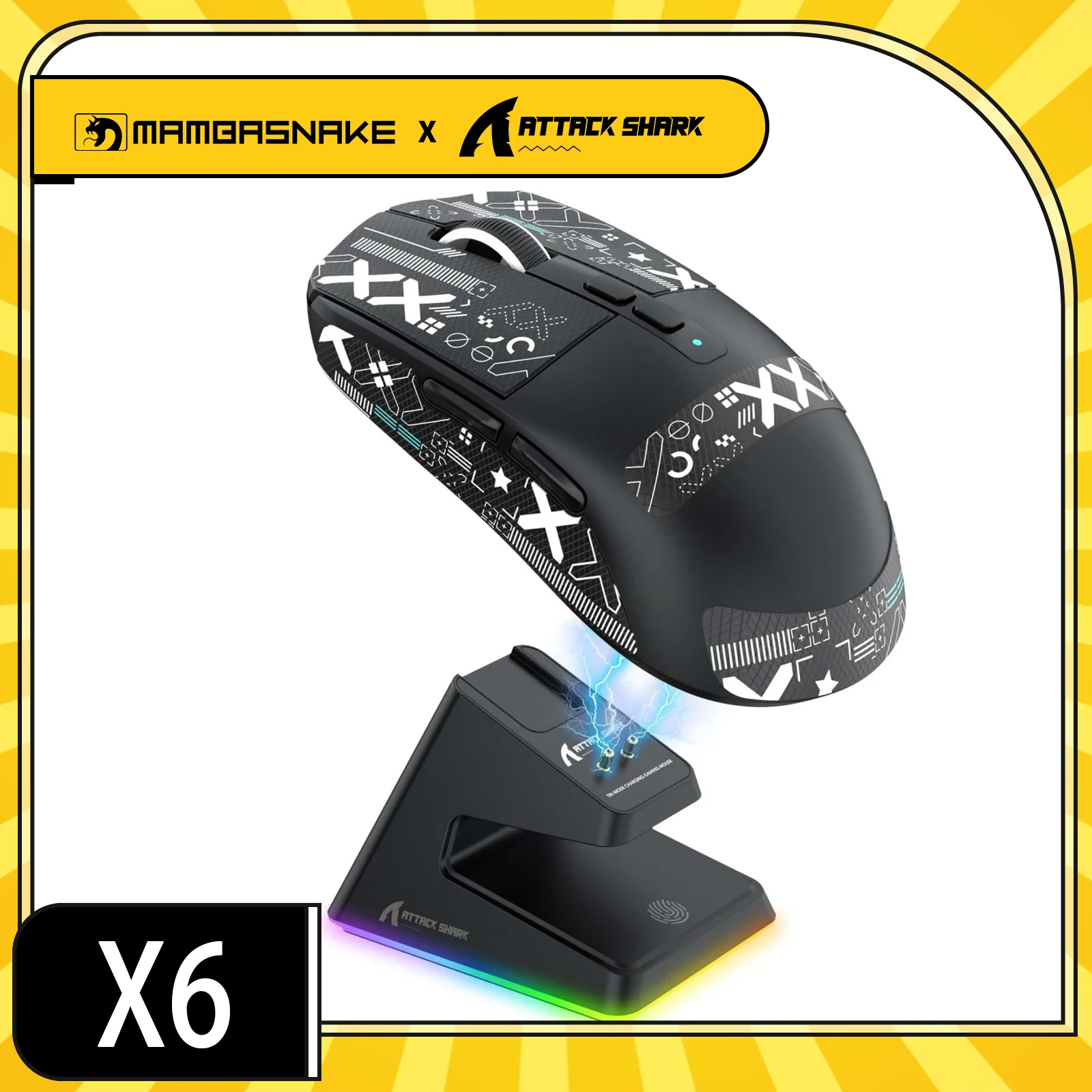 

Легкая беспроводная игровая мышь MAMBASNAKE x ATTACK SHARK X6 с зарядной базой с RGB-подсветкой, трехрежимная проводная/2,4 ГГц/BT5