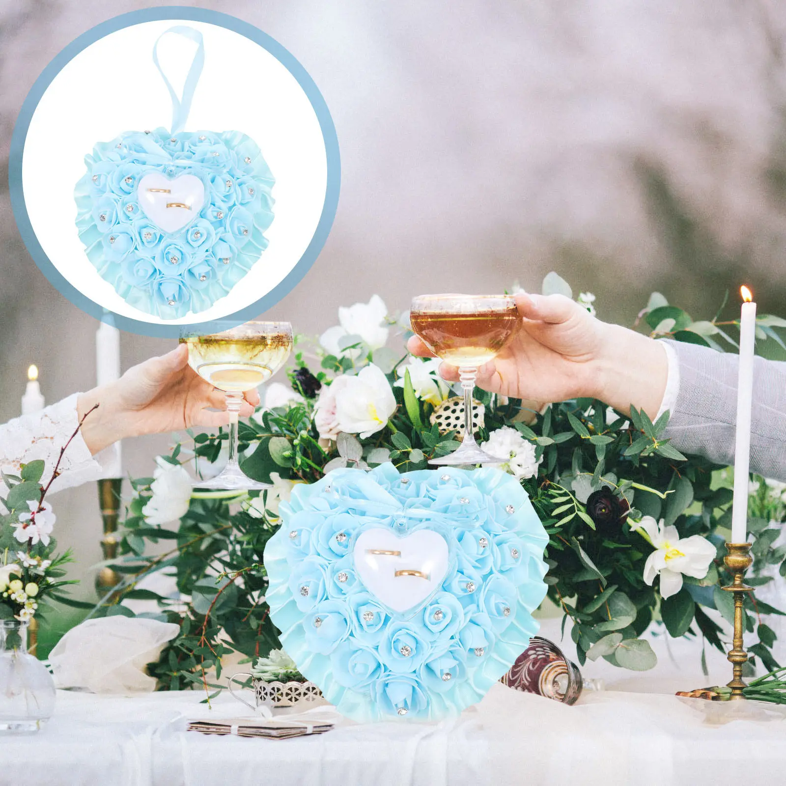 

Heart Shaped Wedding Ring Pillow with Crystal Rhinestones Fake Rose Flowers Elegant Ring Storage Case for Bridal Ceremony
