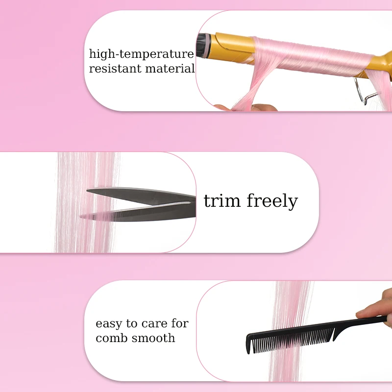 10 Uds. Extensiones de cabello con Clip rosa, peluca con reflejos para fiesta, peluca recta de color sintético para niñas y niños, uso en fiesta de Navidad