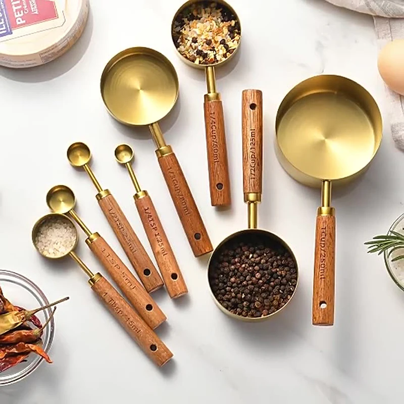 

Золотая деревянная ручка, мерные чашки из нержавеющей стали, ложки, инструменты для выпечки, набор мерных ложек для кофе, аксессуары для барменских весов