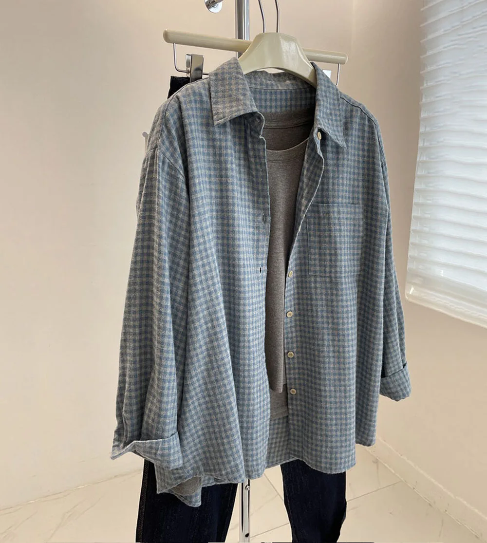 Retro Blue Checkered Shirt Women's 2026 Early Spring SIngle Breasted Casual Loose Layered Wear Shirt Long Sleeve Cotton Outwear