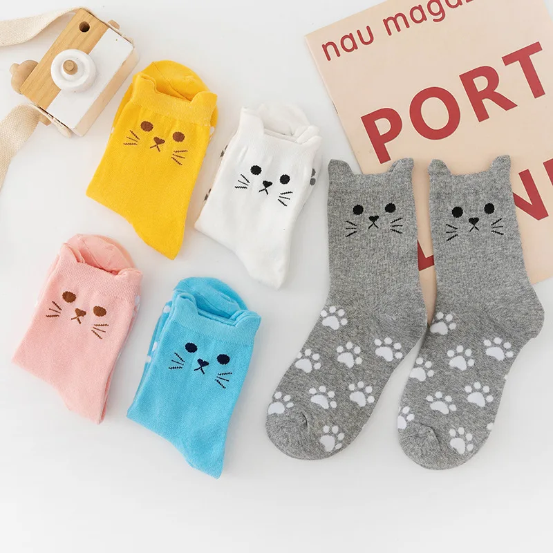 5 paia di calzini per gatti Cute Women Cartoon Animal Fashion Colorful Kawaii Print Candy Color Cotton Women Crew Socks Cat Ear Paw Socks