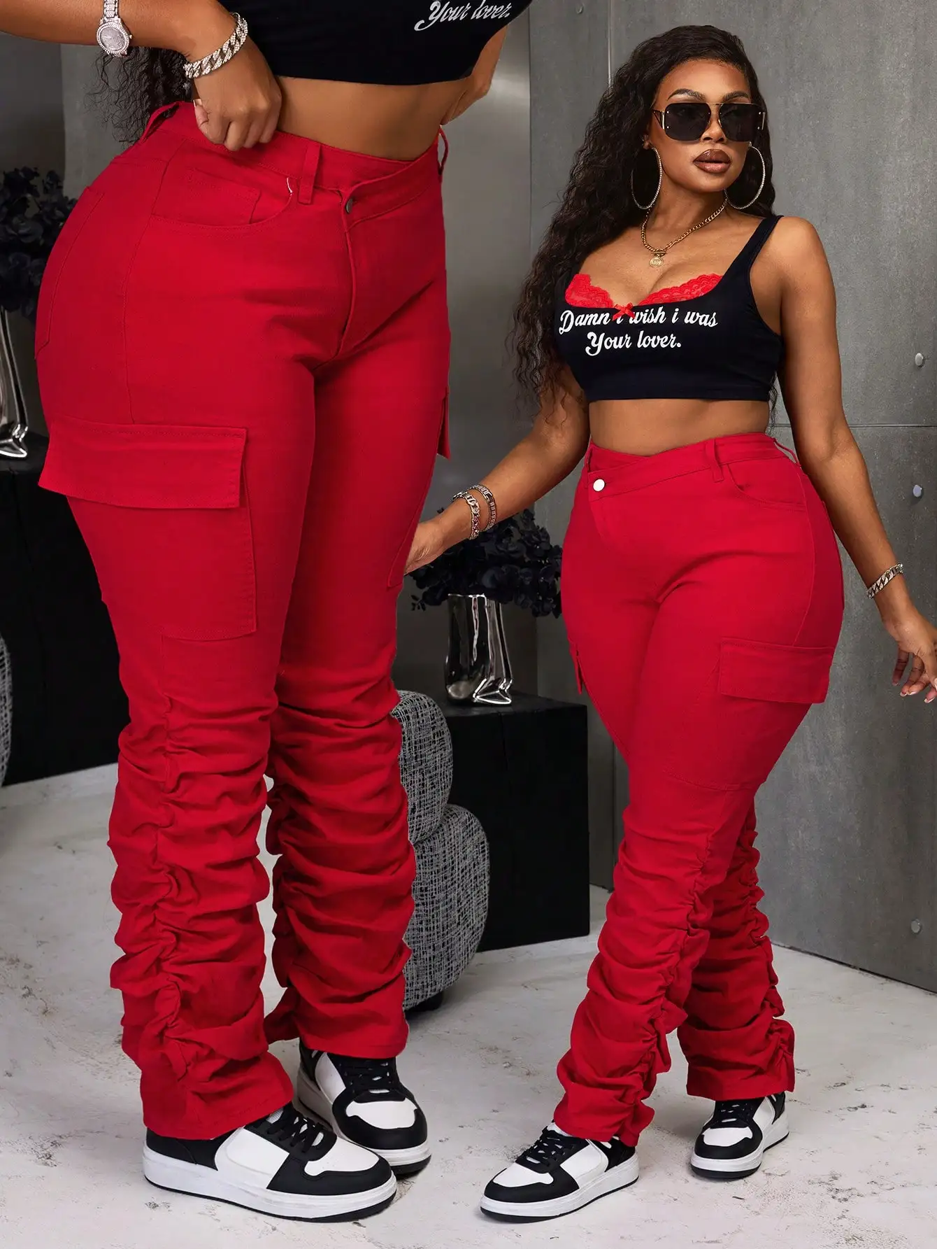 

Красные брюки-карго больших размеров с драпировкой на ногах для женщин, с высокой талией и эластичным поясом, в уличном стиле