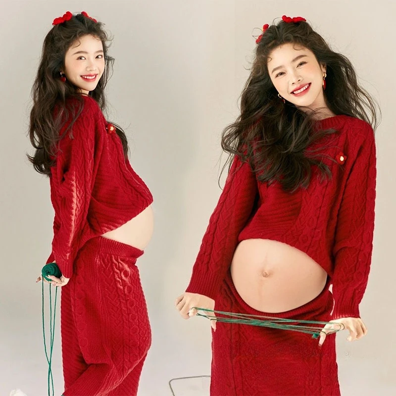 

Women Maternity Dress for Photography Red Christmas Knitted Top with Skirt 2pcs Pregnancy Clothings for Studio Photoshoot Xmas