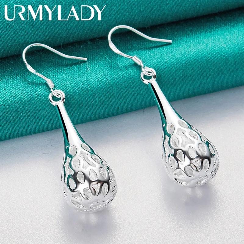 URMYLADY 925 Sterling Silver Hollow Water Drop Earrings Eardrop for Women Fashion Wedding Engagement Charm Jewelry