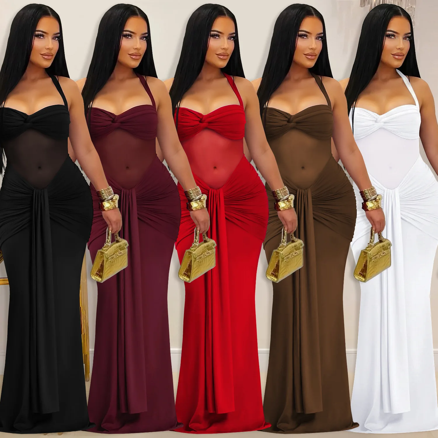 

Mesh Halter Bandage Dress Club Party Evening Dresses 2025 Women Fall Winter Clothes Luxury Outfits Sexy Bodycon Maxi Party Dress