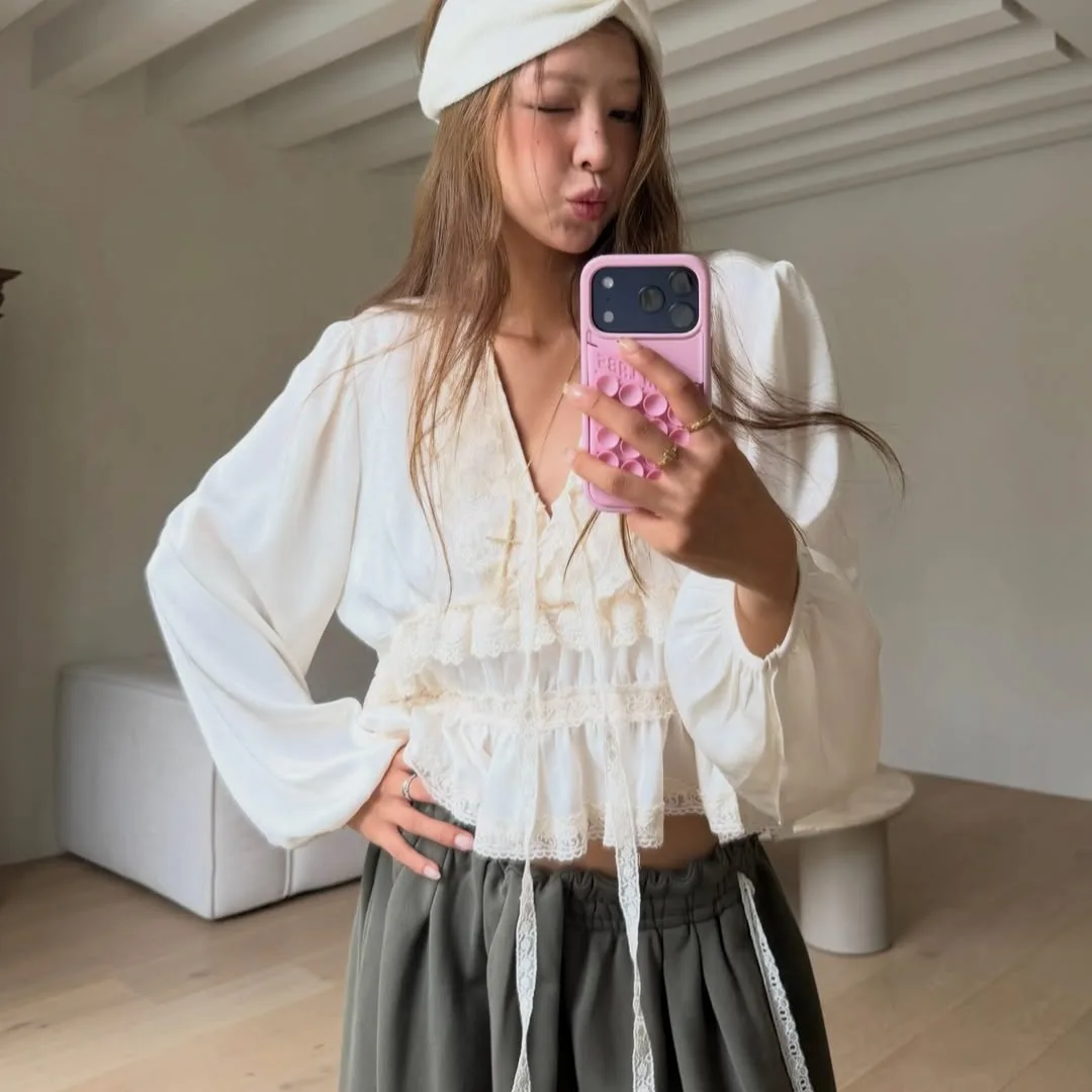 Korean Style Heavyweight Lace Decorated V-Neck Single Button Long Sleeve Shirt Women's Loose Fit Premium Quality Fashion Top