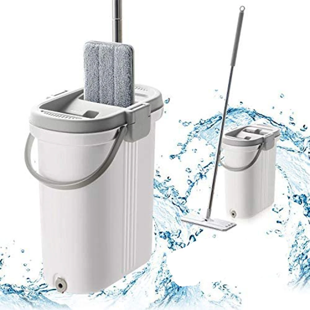 

Eyliden Squeeze Hand Free Microfiber Flat Mop with Bucket Stainless Steel Handle 2 Reusable Pads for Home Floor Cleaning