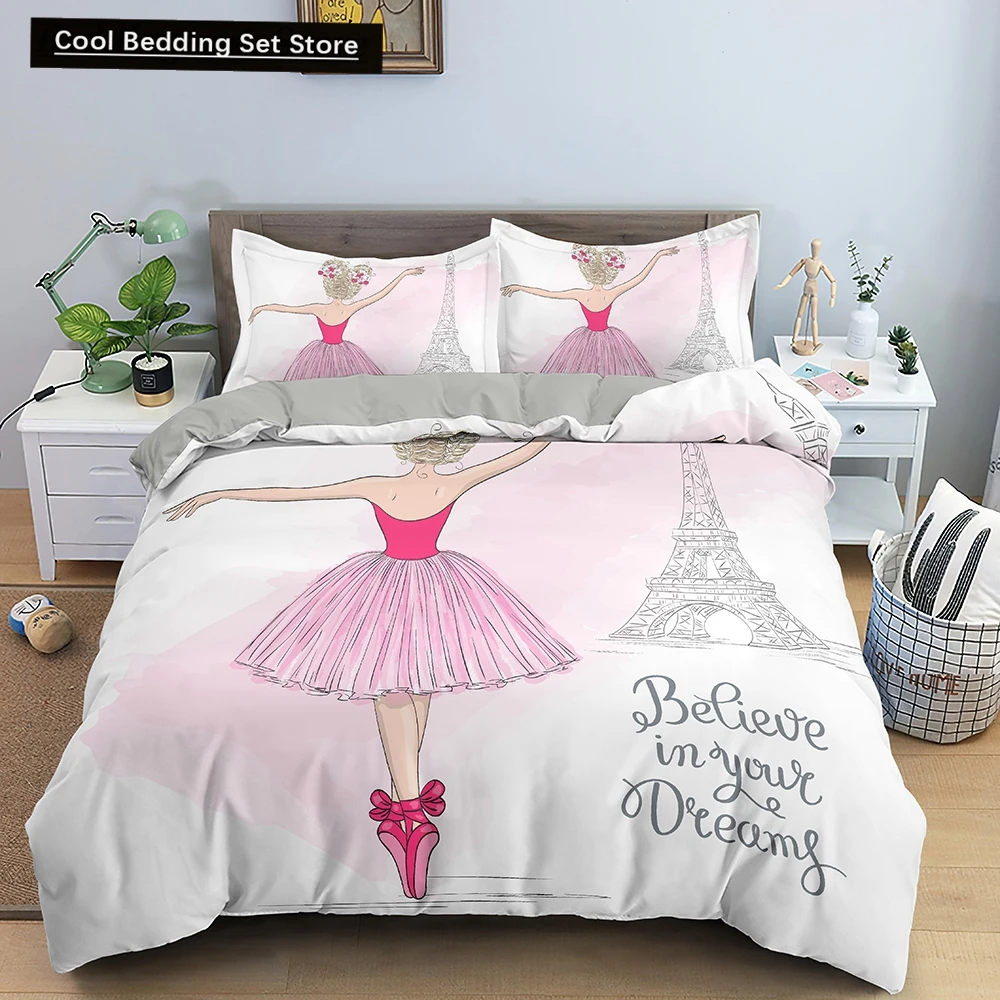Dancing Girl Duvet Cover Ballet Girls Bedding Set Home Textile Bedclothes Soft Girly Comforter Cover Queen/King Size for Kids