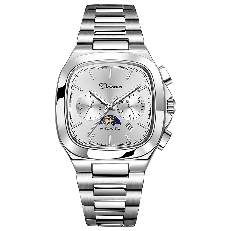 

Новые квадратные механические мужские часы с календарем DULUNWE Sunday Moon Star, водонепроницаемые минималистичные роскошные автоматические часы