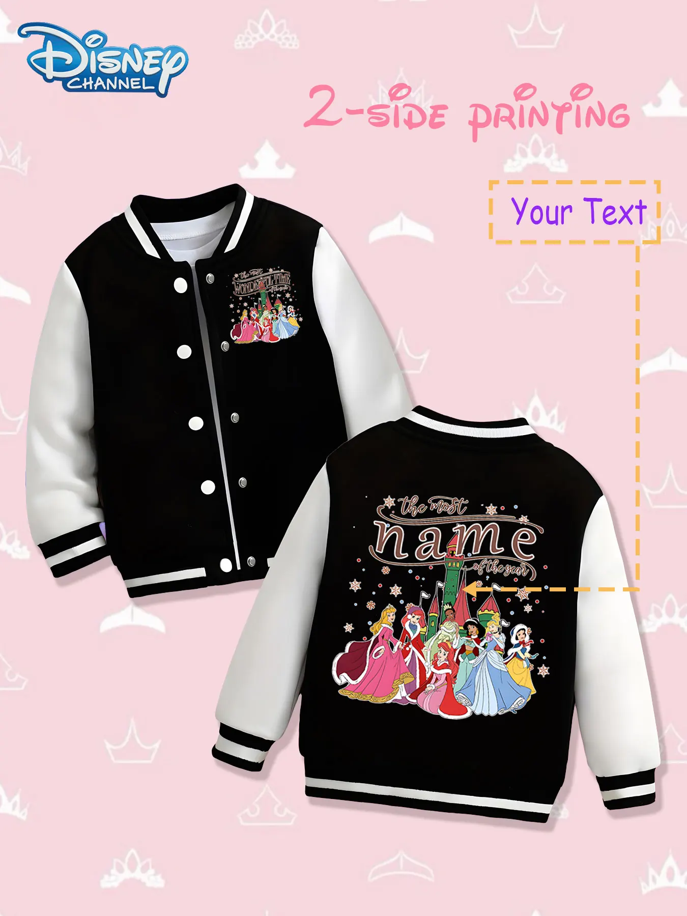 

MINISO Disney Princess Collection Girls' Baseball Jacket - Double-sided colorful prints, warm and rich in autumn and winter, sui