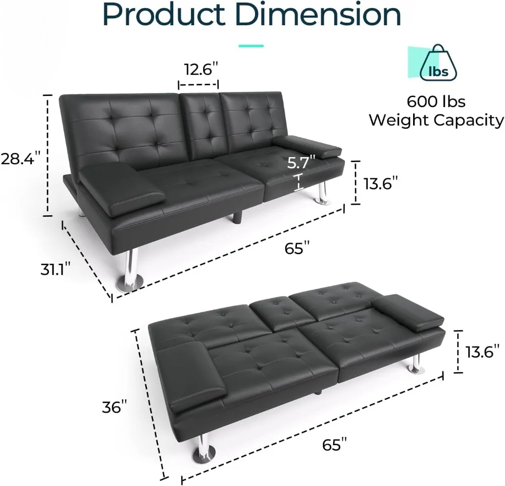 Futon Sofa Bed, Faux Leather Sleeper Sofa with Mattress and Frame, Convertible Futon Couch for Living Room, Black