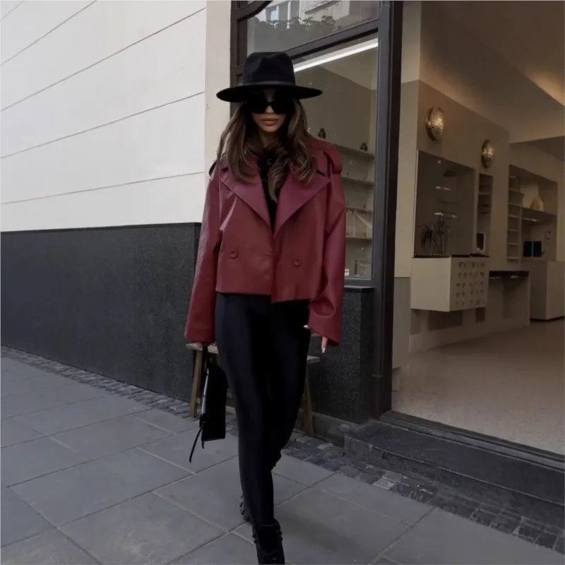 Fashion Lapel Leather Jacket 2024 Autumn Winter Women Jackets Vintage Solid Long Sleeve Coat Female Casual High Street Outerwear