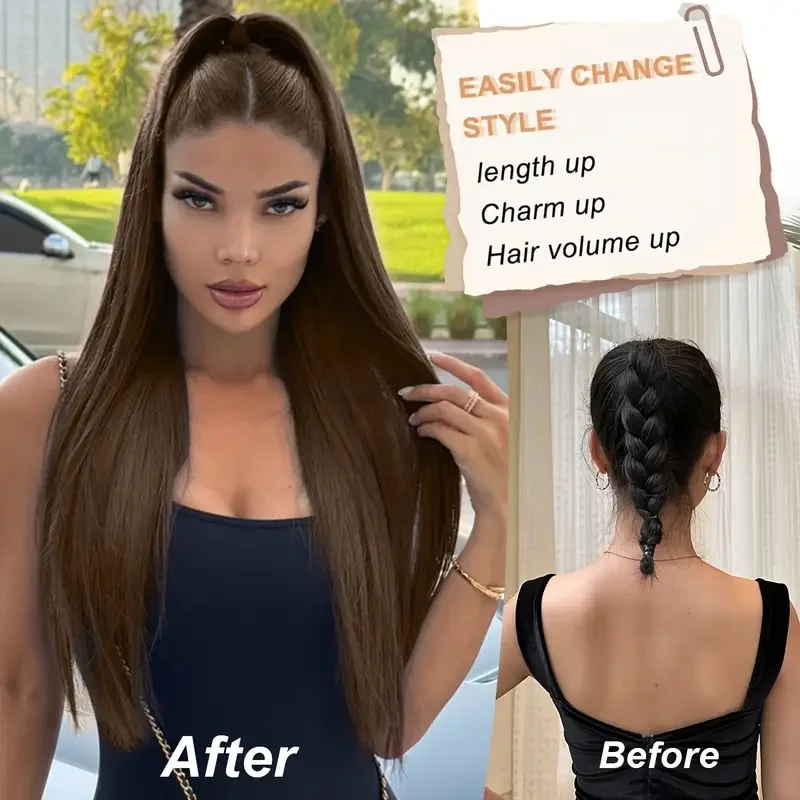 مشبك شعر صناعي طويل مستقيم على شكل ذيل حصان بطول 60.96 سم، وصلة شعر مقاومة للحرارة، ملفوفة حول قطعة شعر المهر للنساء #5