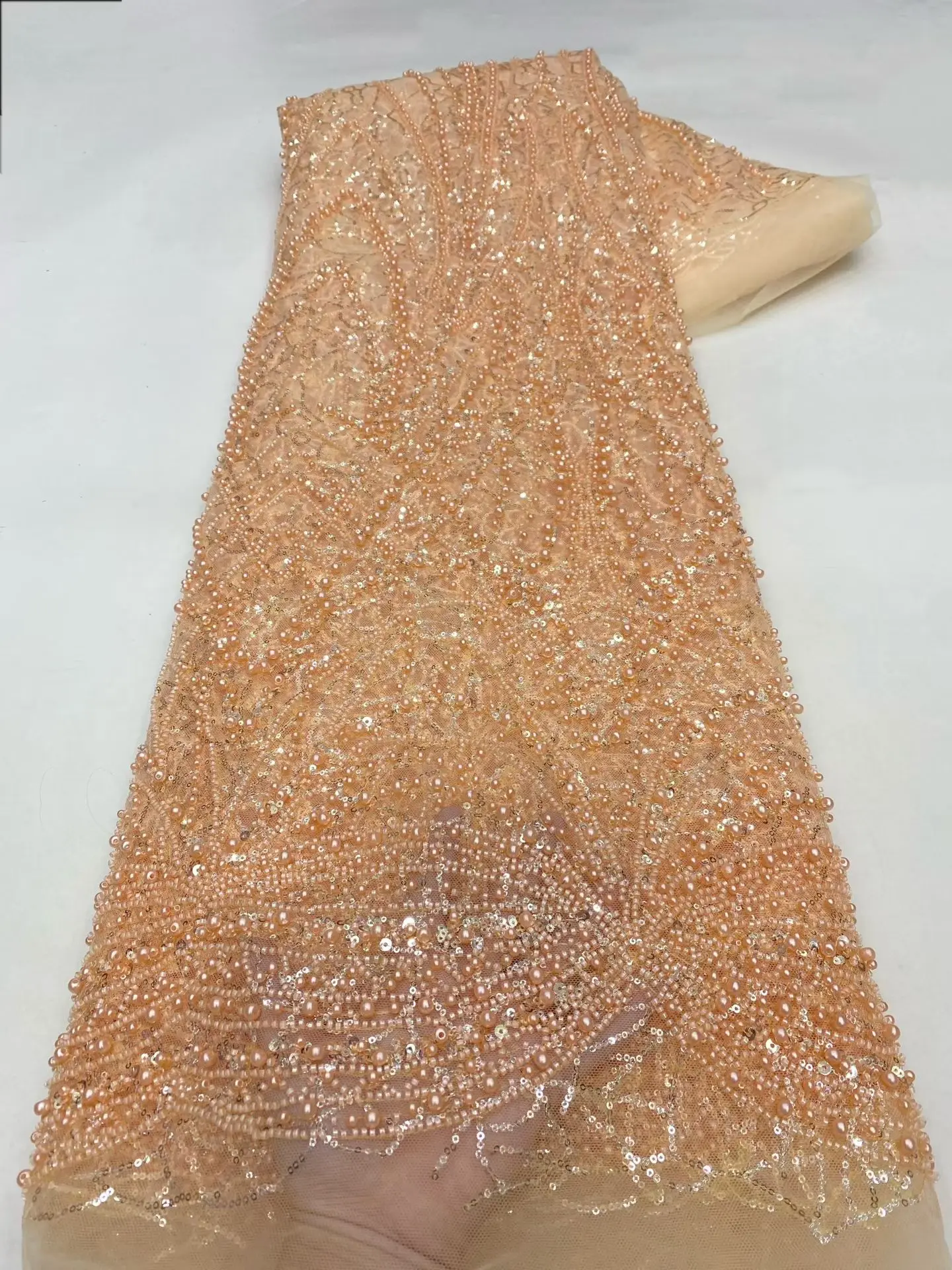 الأربطة الفاخرة للبيع 5 ياردة أحدث أقمشة الدانتيل جودة عالية 2025 اليدوية الخرز الدانتيل النسيج الترتر التطريز لحفل الزفاف H6-1 #2