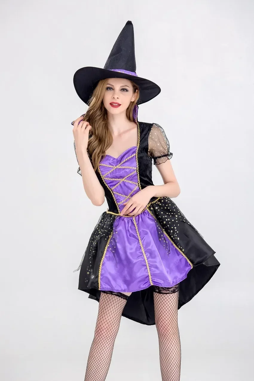 Disfraces de bruja para adultos sexys de Halloween, vestido de frac para mujer, ropa de cola de golondrina púrpura