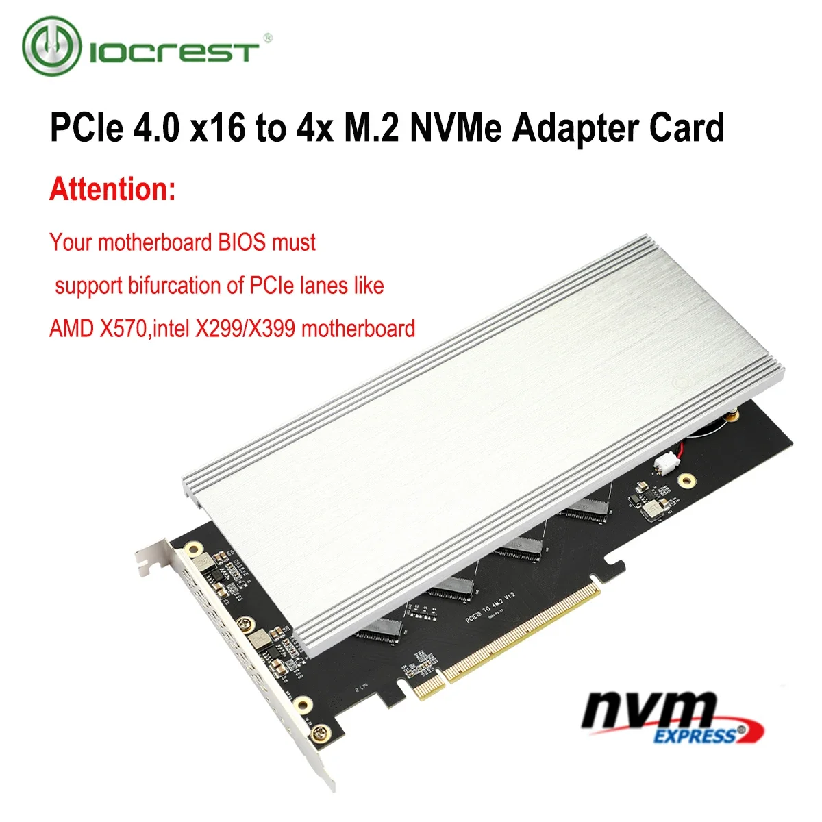 IOCREST 4 Ports M.2 NVMe to Pcie 4.0 X16 riser controller Adapter Card Only Support Bifurcation Motherboards