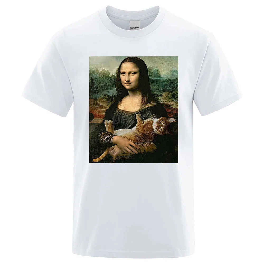 Mona Lisa And Cat T-shirt Men Women O-Neck Daily Casual Printed Harajuku Graphic Cute Breathable Streetwear Vintage Unisex Tees