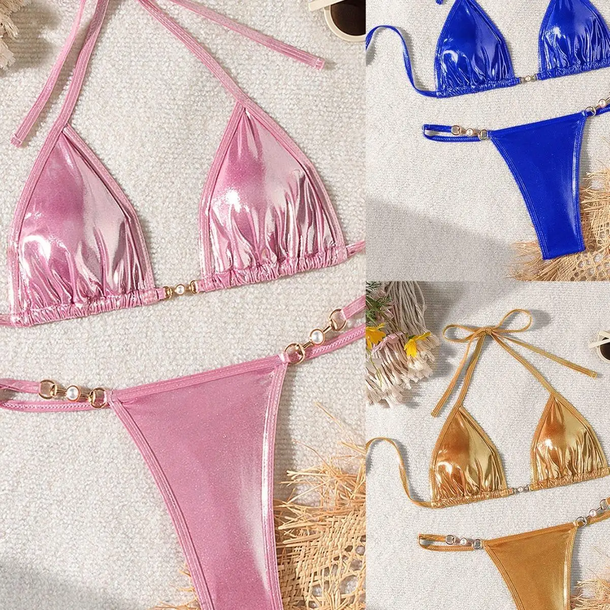 

Сексуальный купальник-бикини с жемчужным блеском, женский купальник без бретелек, треугольный банди-бикини с чашечками, без косточек