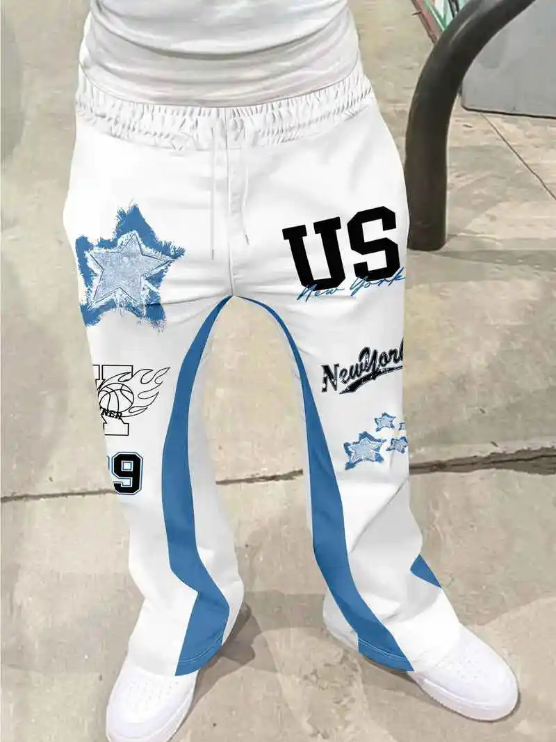 

Men's Casual Street Style Trendy Cross Print Fashionable Slightly Flared Black and White Color-Block Design Sweatpants Men Pants