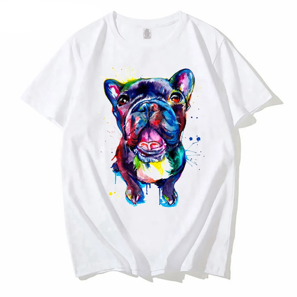 New Fashion Men O-Neck Active French Bulldog Watercolor Print unisex streetwear white Hip Hop Geek Short Sleeve T Shirts