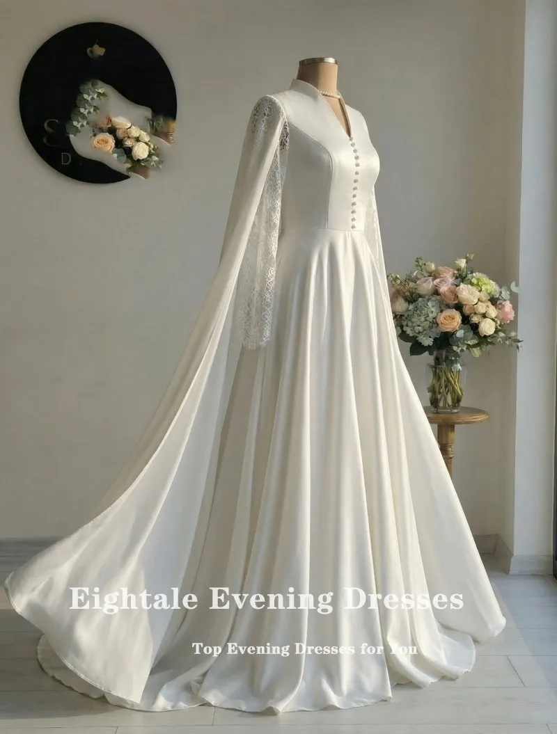 Eightale Arabic Wedding Dress V-Neck Lace Customized Ivory Satin Long Sleeves Cape Sleeves Bridal Gown Bride Party Dress image 3