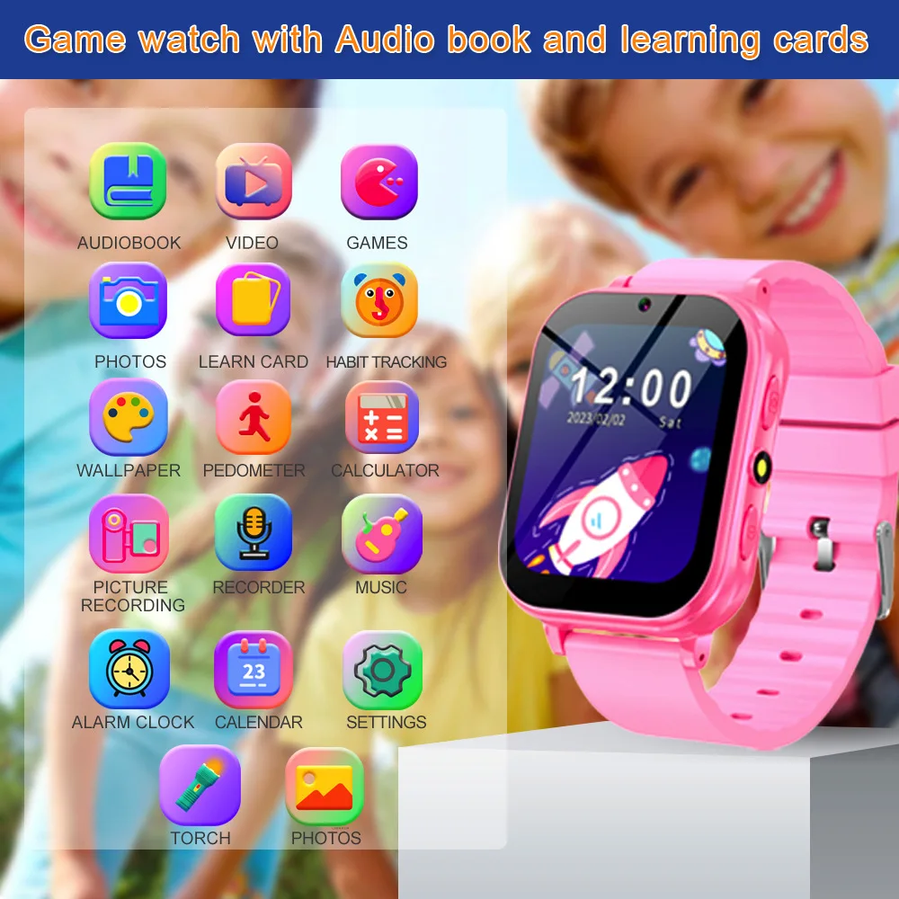 Jam tangan pintar game anak, arloji Cerdas olahraga 1.83 "pemutar musik Video, kamera kalkulator, belajar anak-anak, Senter 500Mah