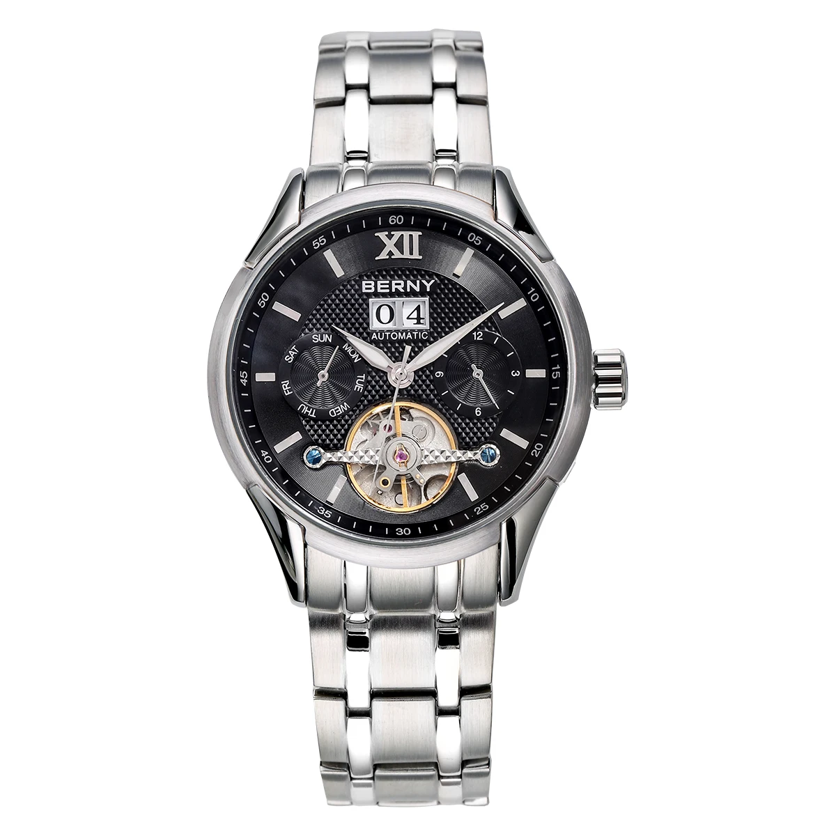BERNY Automatikuhr für Herren, automatische mechanische Uhr mit Selbstaufzug, Datum, Skelett, 5ATM, luxuriöse Herren-Armbanduhr