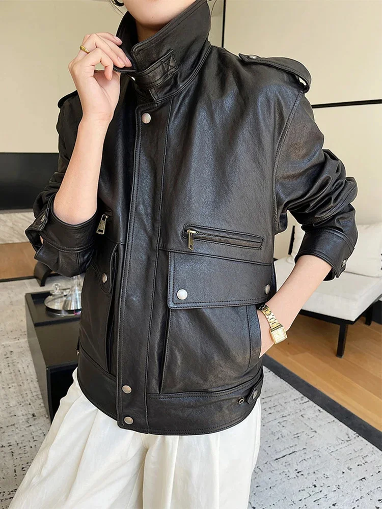 

Genuine Vintage Leather Jacket for Women Autumn Winter 2024 Trend High-end Real Lambskin Streetwear Motorcycle Coat