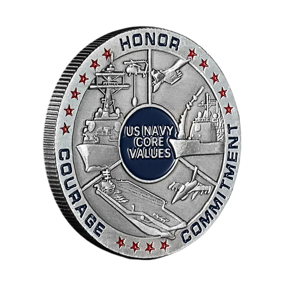 US Navy Core Values Silvery Plated Challenge Coins Military Creed Commemorative Coin Souvenirs Gifts