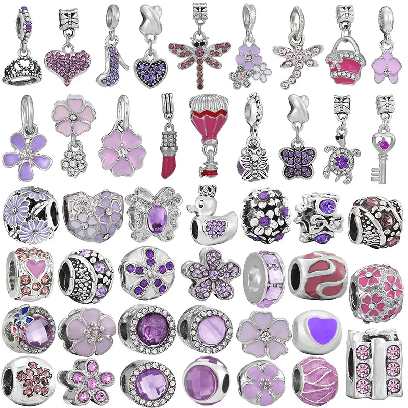 Hot Sale Beaded Purple Crown Heart Diamond Pendant Charm Beads For Pandora DIY Bracelet Necklace Jewelry Accessories Gifts