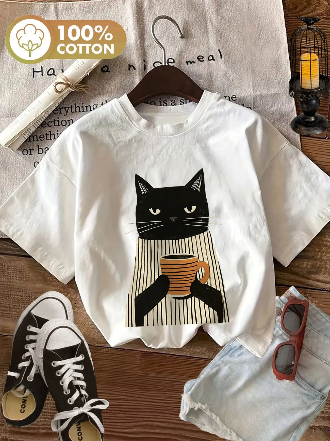 Cute Black Cat with Coffee 100% Cotton Women's T-Shirt Soft Crew Neck Short Sleeve Top Tee Shirt Oversized Funny Female Trendy