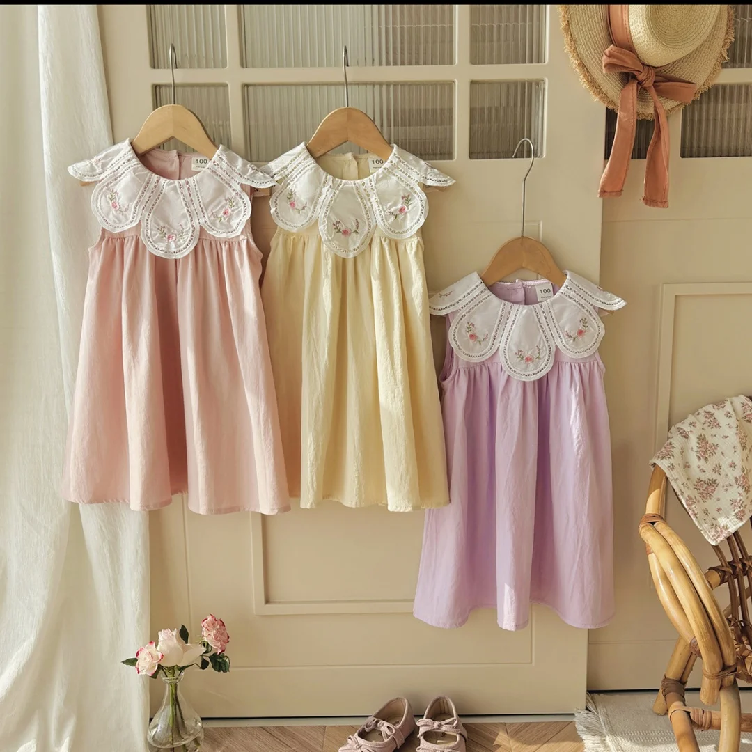 Party Dress Korean Style Fresh Floral Embroidery Girls Dress Summer New Sweet Petal Collar Baby Sleeveless Skirt for Kids