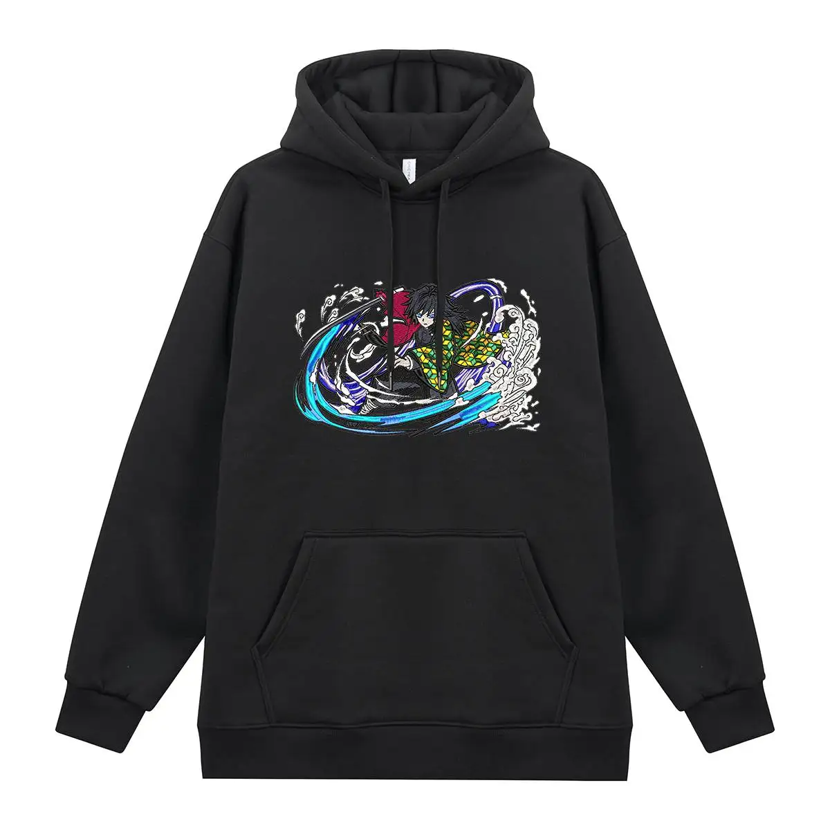 Sudadera con Capucha Negra para Hombre, Forro Polar de Primavera, Algodón, Anime Demon Slayer, Zenitsu Agatsuma, Atuendo Verde con Estampado de Efecto Agua